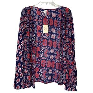 Raga Print Kimono Long Sleeve Blue Red Cream Sz XS NWT